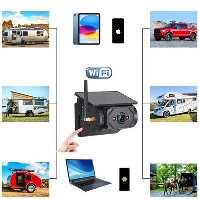 WiFi Solar Panel Powered Vehicle Camera Front Rear Side View Monitoring Camera untuk Bus Van Truck RV Camper Kompatibel dengan iOS Android Phones